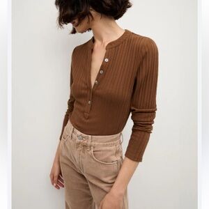 Veronica Beard Jocelyn Chocolate Brown Ribbed Long Sleeve Top